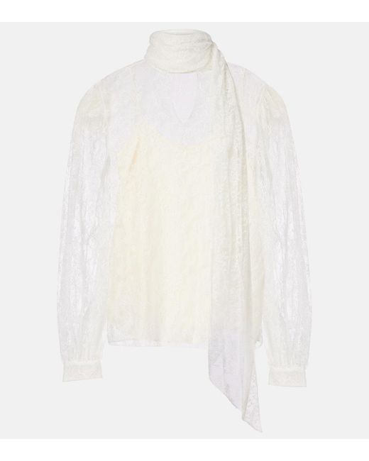 Gucci White Scarf-Detail Sheer Floral Lace Blouse