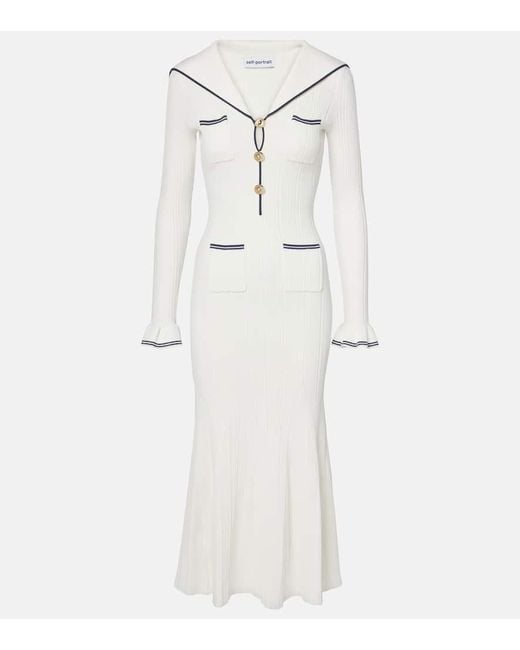 Self-Portrait White Ribbed-Knit Midi Dress