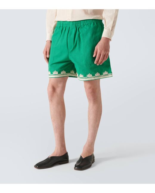 Bode Green Ripple Embroidered Cotton Shorts for men