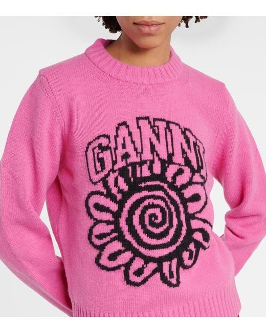 Ganni Pink Pullover mit Blumenmotiv