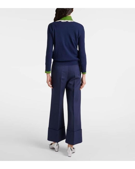 Valentino Blue Lace-Trimmed Virgin Wool Cardigan