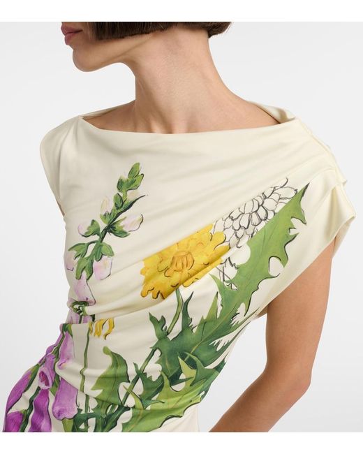 Oscar de la Renta Green Draped Printed Jersey Midi Dress