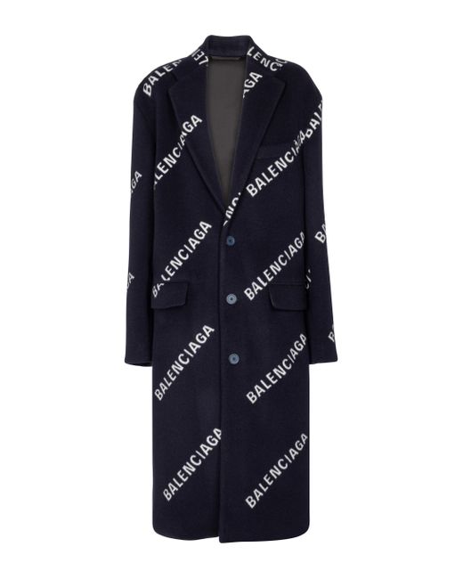 Balenciaga Blue Logo Wool And Cashmere-blend Coat