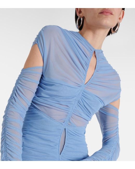 Mugler Blue Draped Cutout Mesh Midi Dress