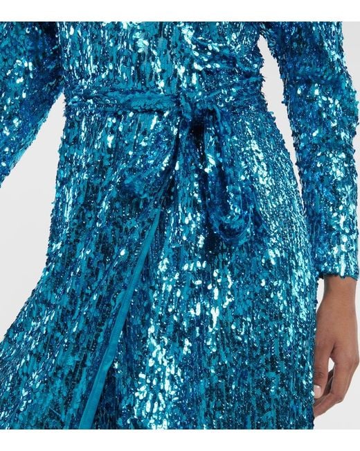 ROTATE BIRGER CHRISTENSEN Blue Puff-Sleeve Sequined Wrap Dress
