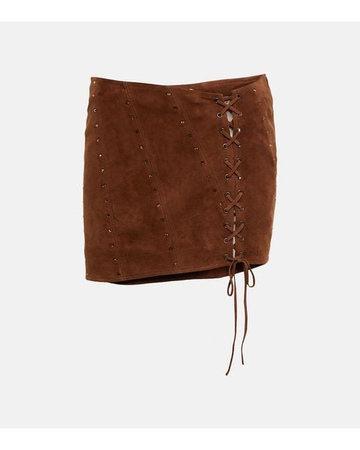 Alessandra Rich Brown Crystal-Embellished Suede Miniskirt