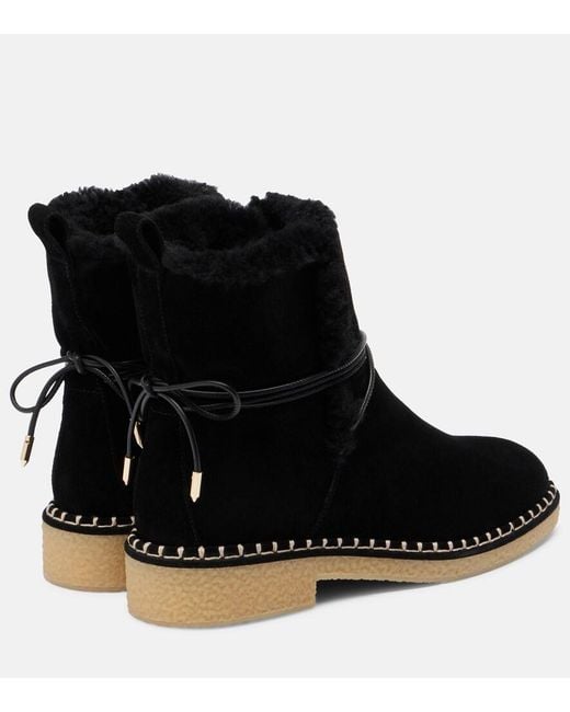 Aquazzura Black Megeve Shearling-Trimmed Suede Ankle Boots