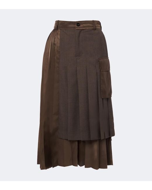 Sacai Brown Layered Pleated Wool-Trimmed Midi Skirt