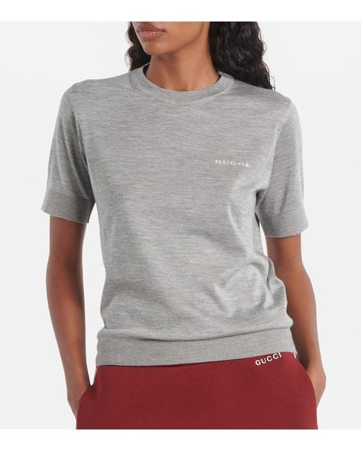 Camiseta De Cachemir Y Seda Con Logo Gucci de color Gray