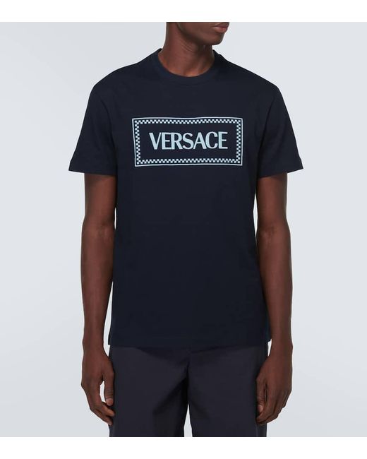Versace Blue Logo Embroidered Cotton Jersey T-shirt for men