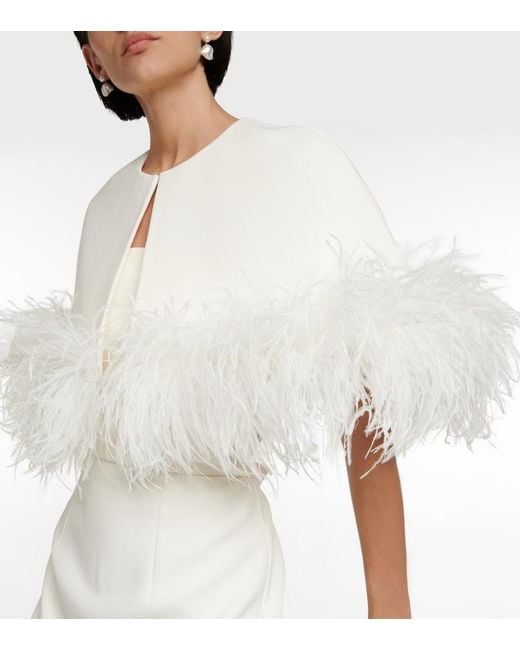 Safiyaa White Bridal Feather-trimmed Crepe Midi Dress