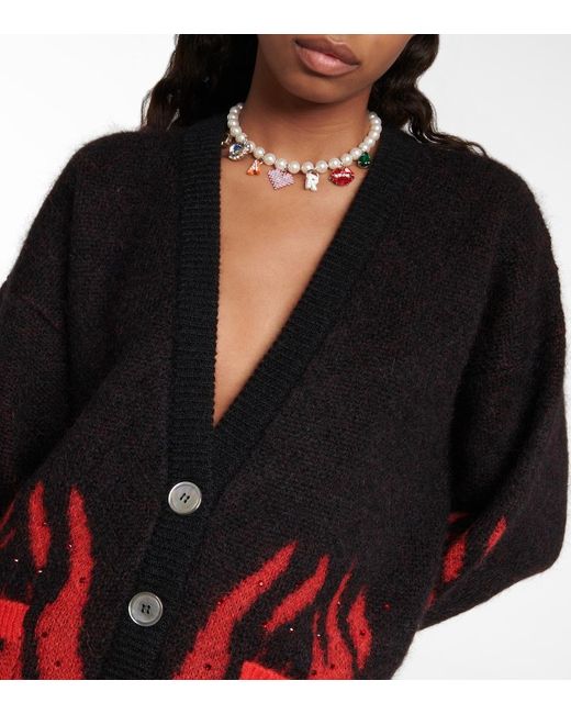 Alessandra Rich Red Embellished Mohair-Blend Jacquard Cardigan