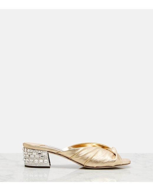 Jimmy Choo Natural Mala Embellished Metallic Leather Mules