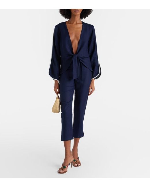 Adriana Degreas Blue Bicolor Linen-Blend Top