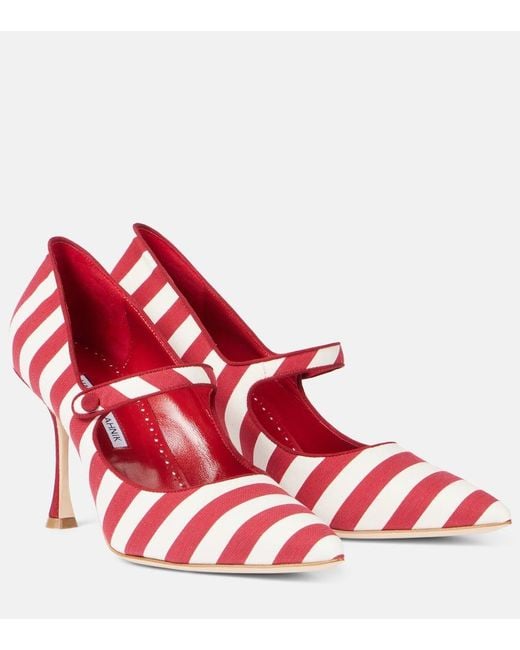 Manolo Blahnik Red Campari Striped Mary Jane Pumps
