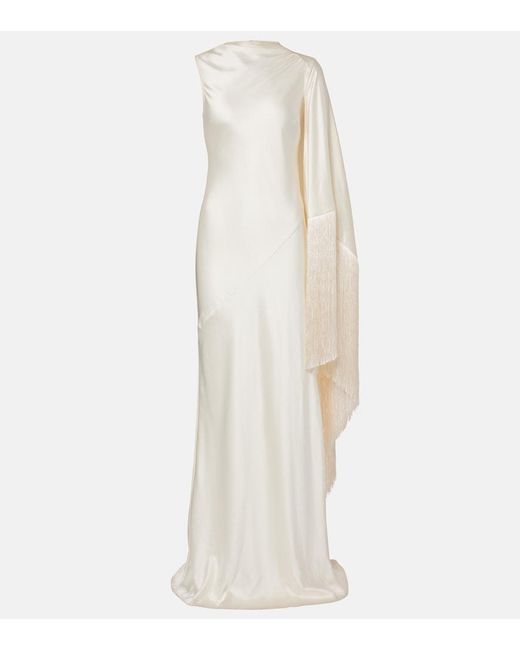 Self-Portrait White Caped Fringed Satin Gown