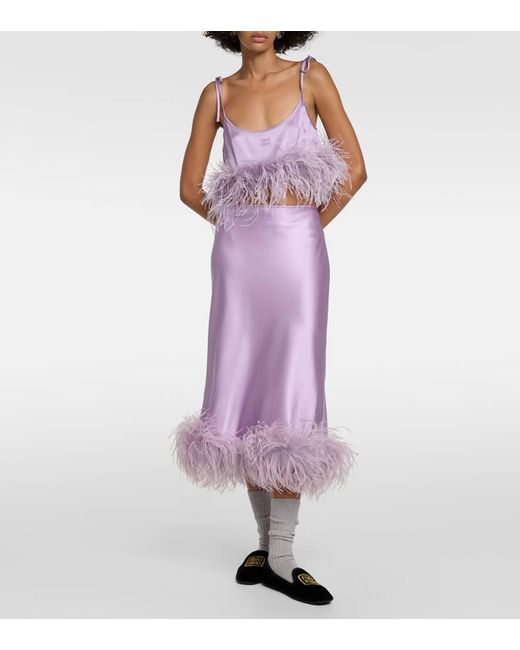 Miu Miu Purple Feather-Trimmed Logo Satin Crop Top