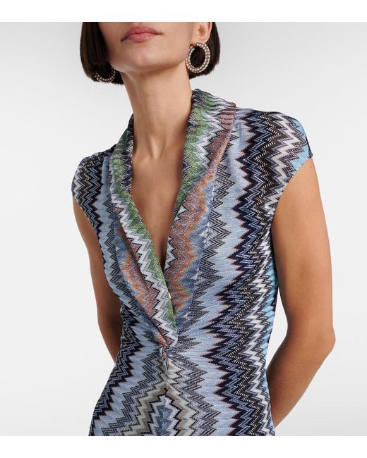 Missoni Blue Zigzag Gathered Knitted Maxi Dress