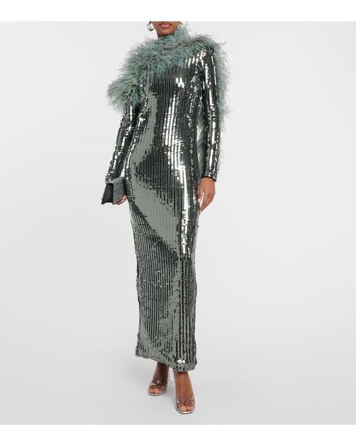 ‎Taller Marmo Gray Garbo Disco Feather-trimmed Sequined Gown