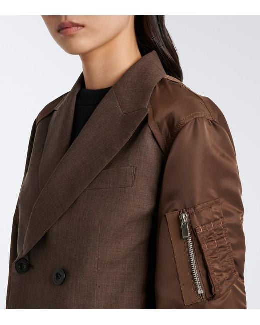 Sacai Brown Double-Breasted Wool And Technical Jacket