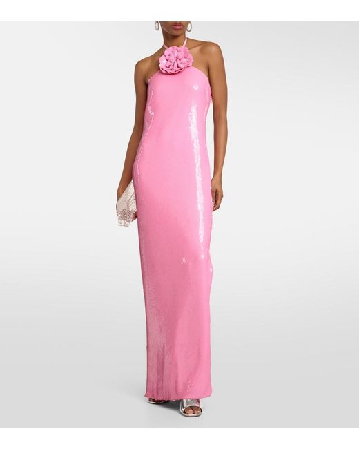Rodarte Pink Floral-applique Sequined Gown