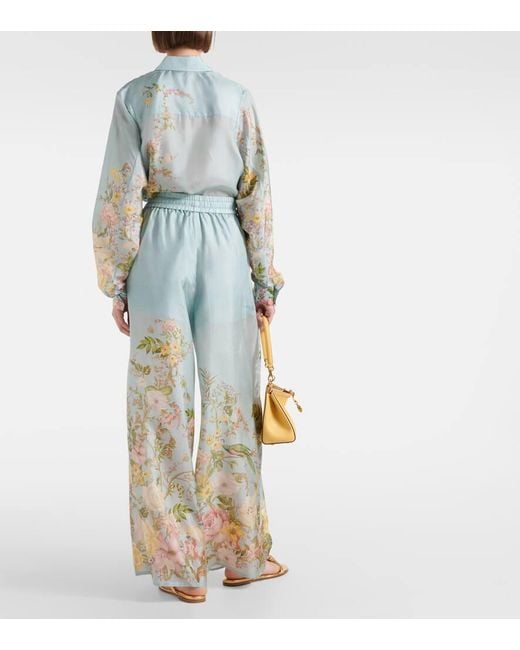 Zimmermann Blue Silk Trousers With Floral Motif, , Light