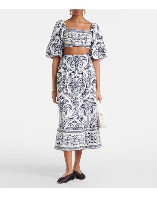 Farm Rio Blue Tropical Cameo Printed Linen Midi Skirt