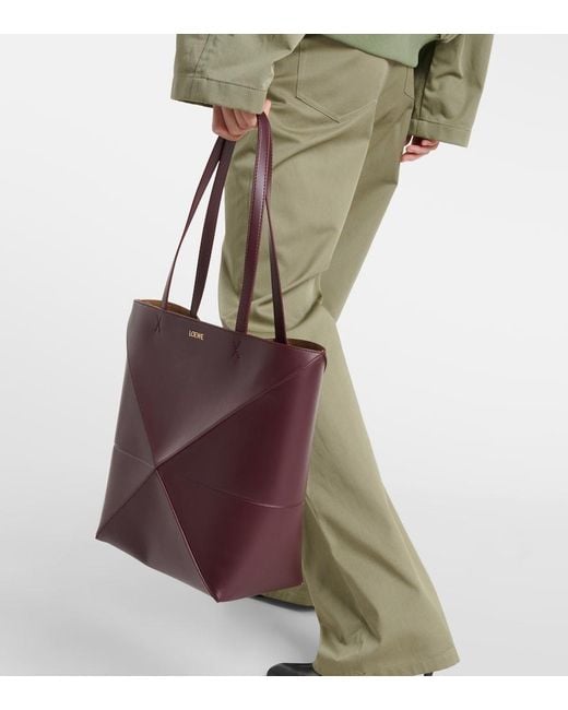 Loewe Red Puzzle Fold Medium Leather Tote Bag