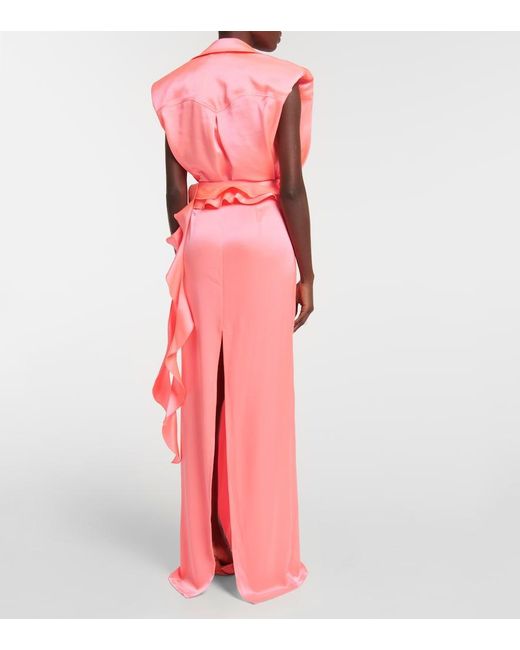 David Koma Pink Padded Shoulders Ruffle Wrap Gown