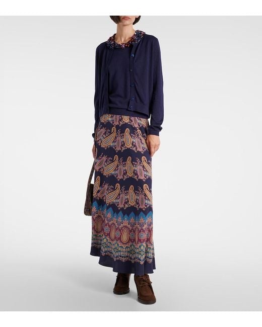 Etro Blue Embellished Silk And Cashmere Top