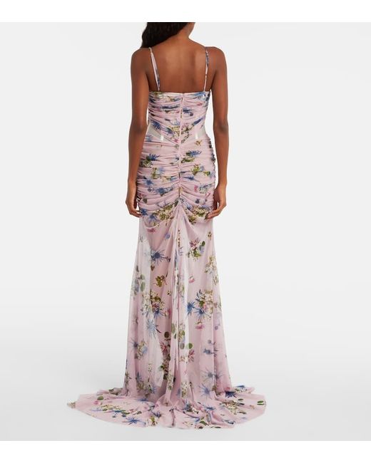 Blumarine Purple Floral Ruched Sheer Gown