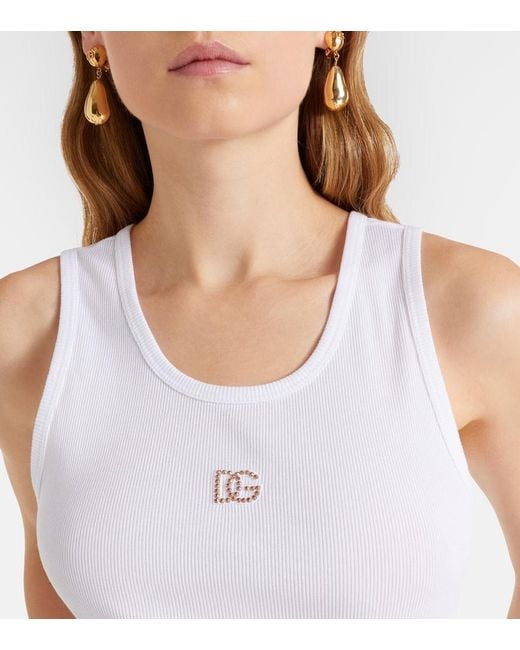 Dolce & Gabbana White Dg Embellished Ribbed-Knit Cotton Tank Top