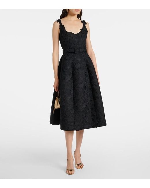Oscar de la Renta Black Orchid Embroidered Guipure Lace Midi Dress