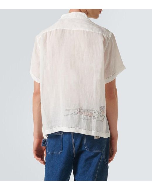 Bode White Skiers Linen Bowling Shirt for men