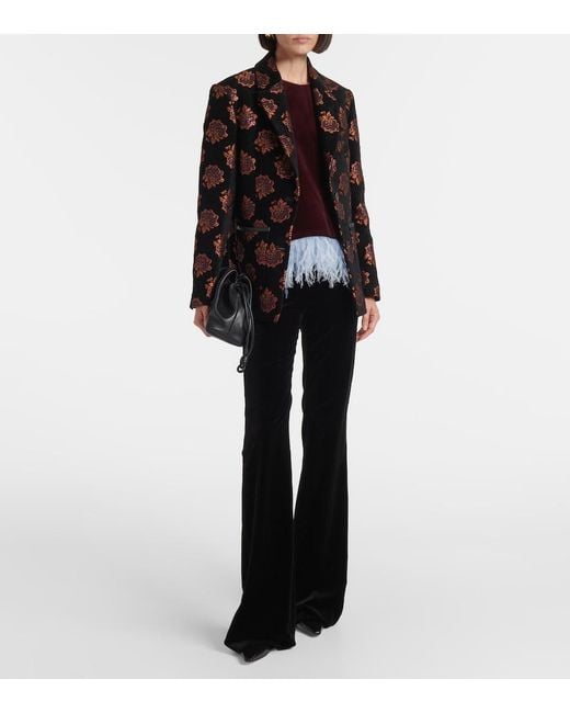 LaDoubleJ Red La Scala Feather-Trimmed Cotton Velvet Top