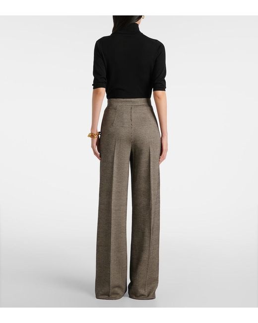 Max Mara Gray Cognac Houndstooth Wool-Blend Straight Pants