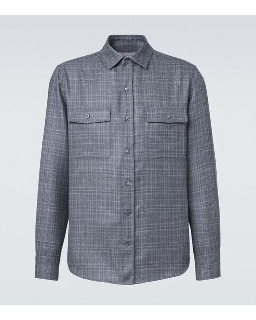 Agnona Blue Checked Wool, Silk, And Linen Shirt for men