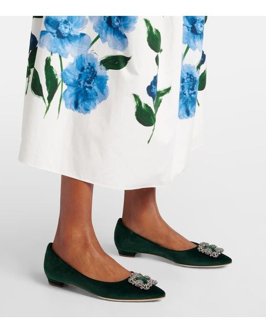 Manolo Blahnik Green Hangisi Embellished Velvet Ballet Flats