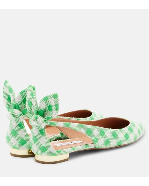 Aquazzura Green Bow Tie Bow-Detail Checked Ballet Flats