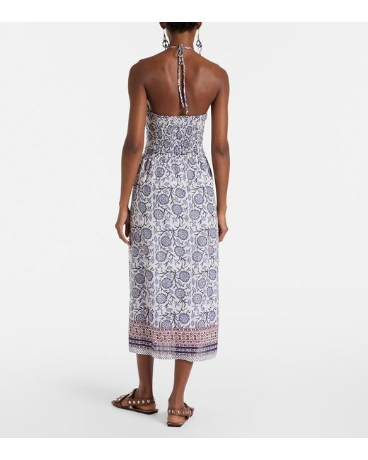 Velvet Purple Floral Ruched Cotton Midi Dress