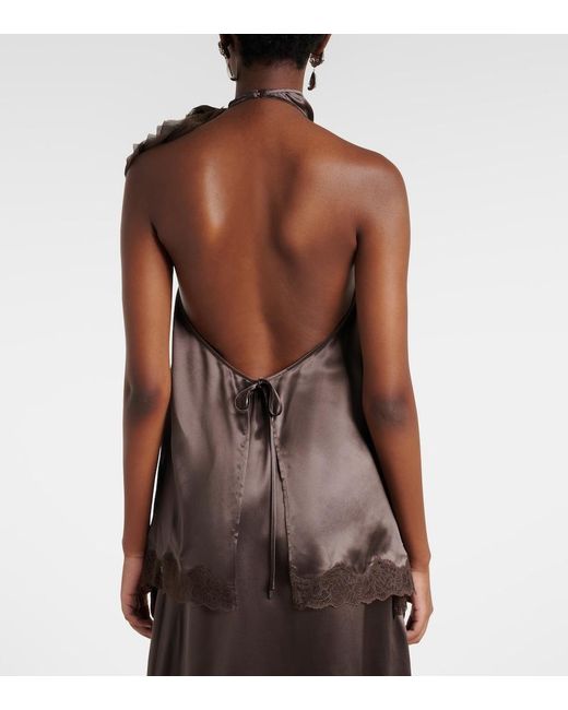 Magda Butrym Brown Floral-Applique Lace-Trimmed Silk Satin Top