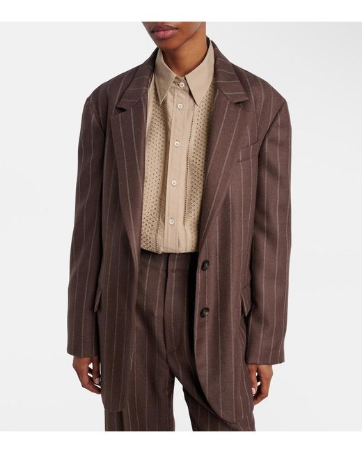 Brunello Cucinelli Brown Belted Pinstriped Virgin Wool Blazer