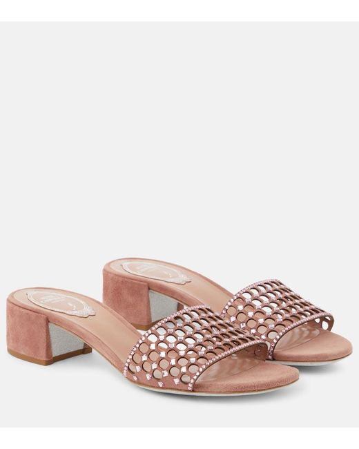 Rene Caovilla Pink Embellished Suede Mules