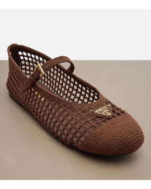 Prada Crochet Mary Jane Flats in Brown | Lyst UK
