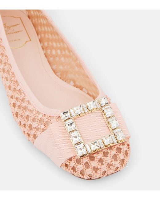 Roger Vivier Pink Tres Vivier Embellished Raffia Ballet Flats