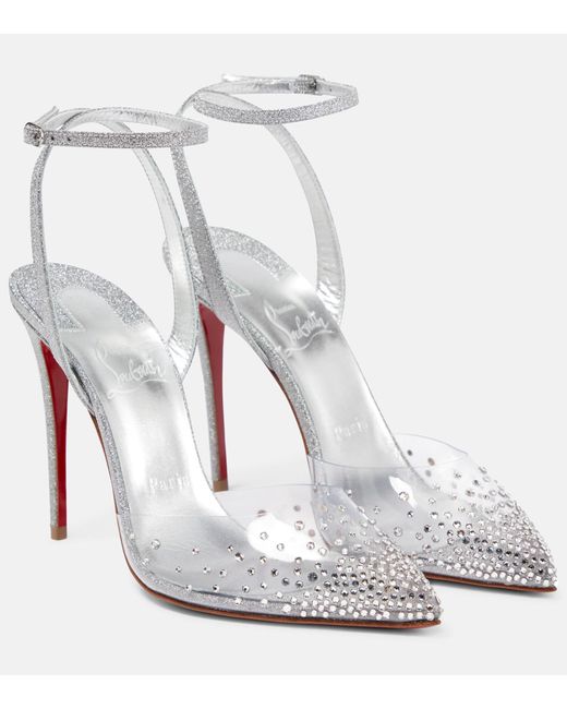 Christian Louboutin White Spikaqueen 100 Crystal-embellished Pvc And Glittered-leather Pumps