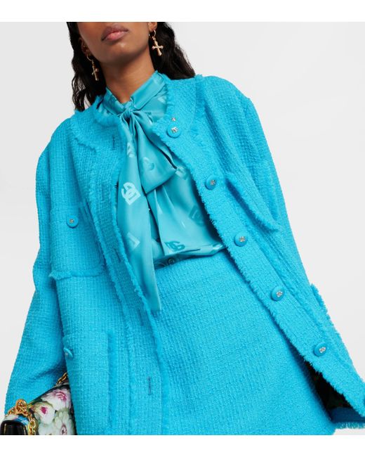 Dolce & Gabbana Blue Fringed Wool-blend Tweed Jacket