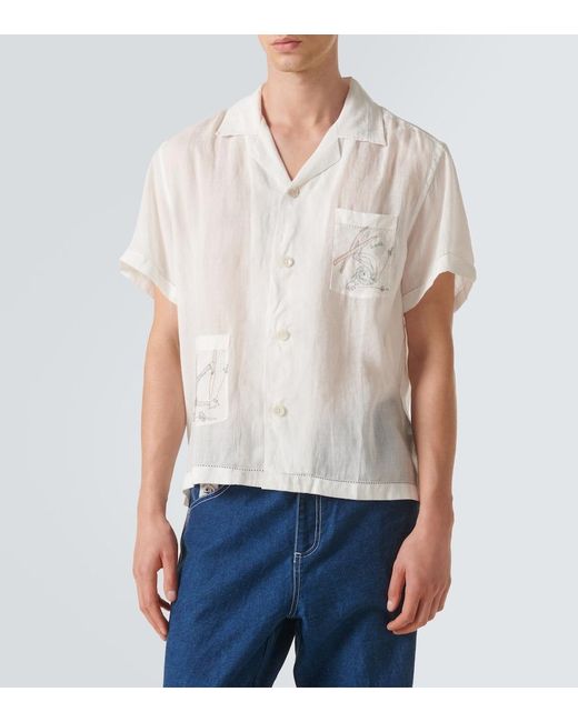 Bode White Skiers Linen Bowling Shirt for men