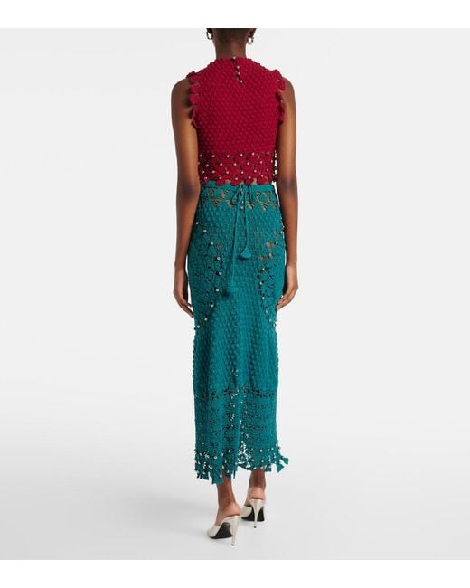 Rabanne Green Embellished Crochet Cotton Midi Skirt