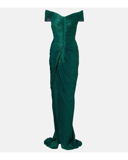 Marmar Halim Green Ruched Off-Shoulder Bustier Gown